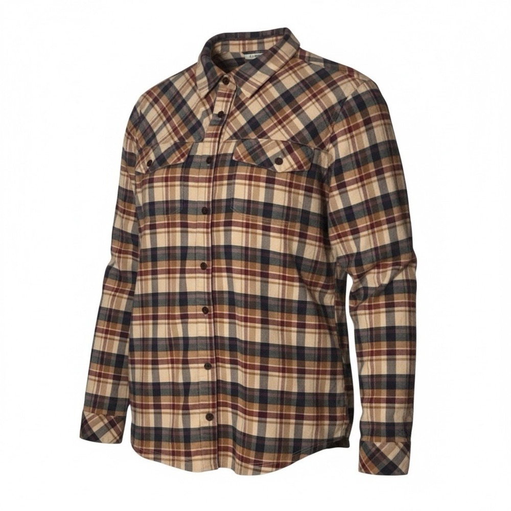 LL Bean Women's Soft Brushed Flannel Shirt Large Shacket Pockets Plaid Tan Brown